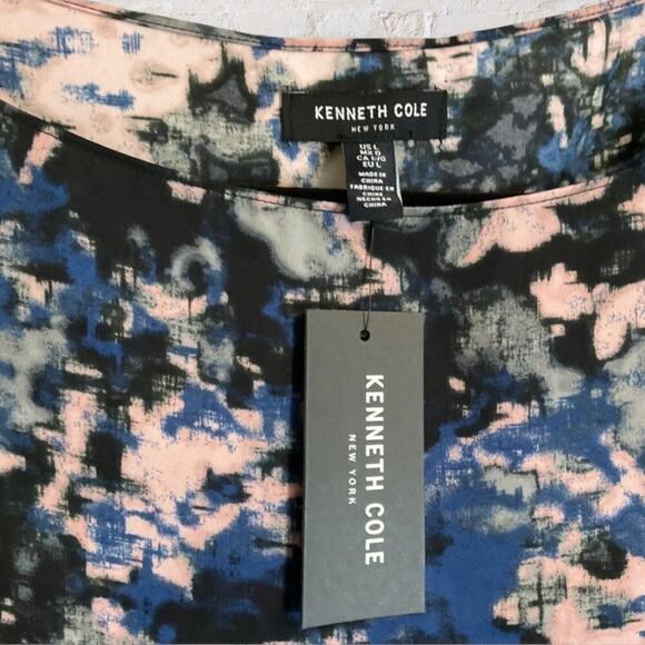 Kenneth Cole Abstract Print Ruched Sheath Dress NWT 3/4 Sleeves Blue Pink Sz L - Picture 3 of 13